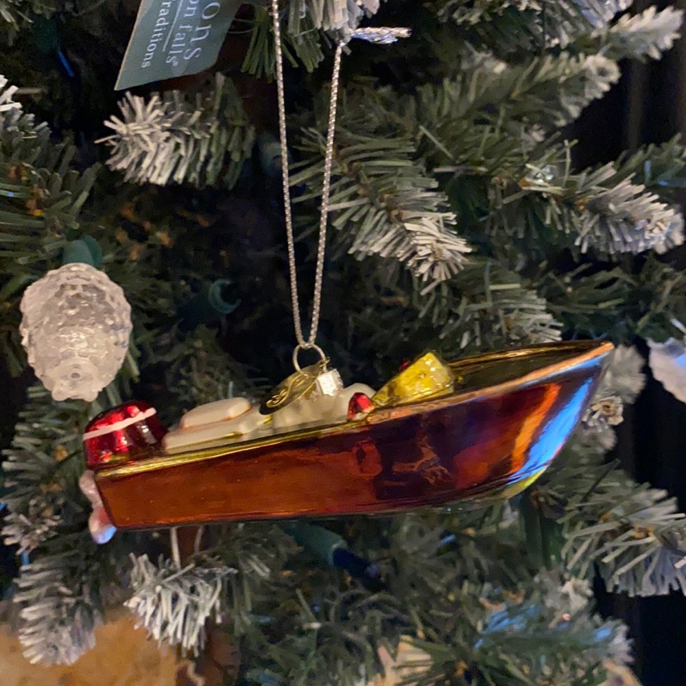 Just fishin… glass motorboat ornament